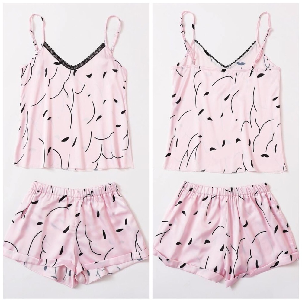New Pink Lace Satin Silk-Like Pajama Set - Picture 2 of 5